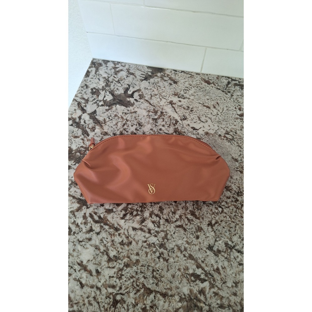 Victoria's Secret Terracotta Rust Nylon Makeup Bag Gold VS Logo Pouch